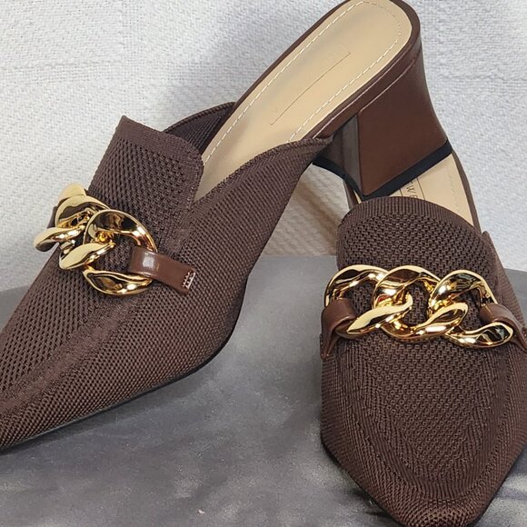 Newbella Chocolate Brown Pointed Toe Square Heel Gold Tone Chain Dress Mule 7.5 - Picture 2 of 16